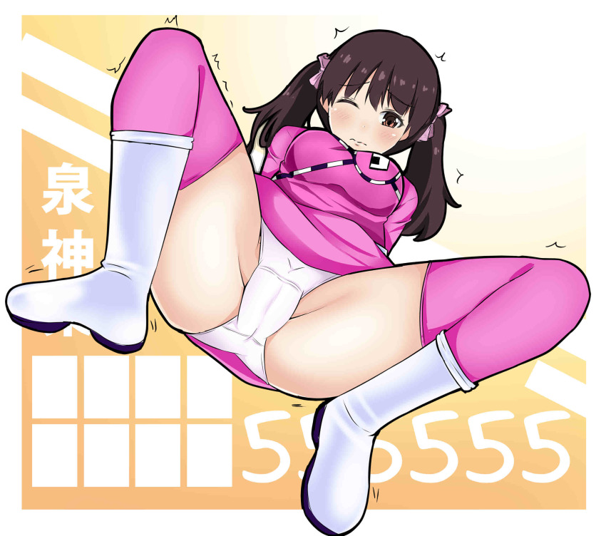 ;( animification blush boots brown_eyes brown_hair highres kagura_(ressha_sentai_toqger) pandacross panties ressha_sentai_toqger spread_legs super_sentai tagme thigh_boots thighhighs tokusatsu toq_5gou twintails underwear