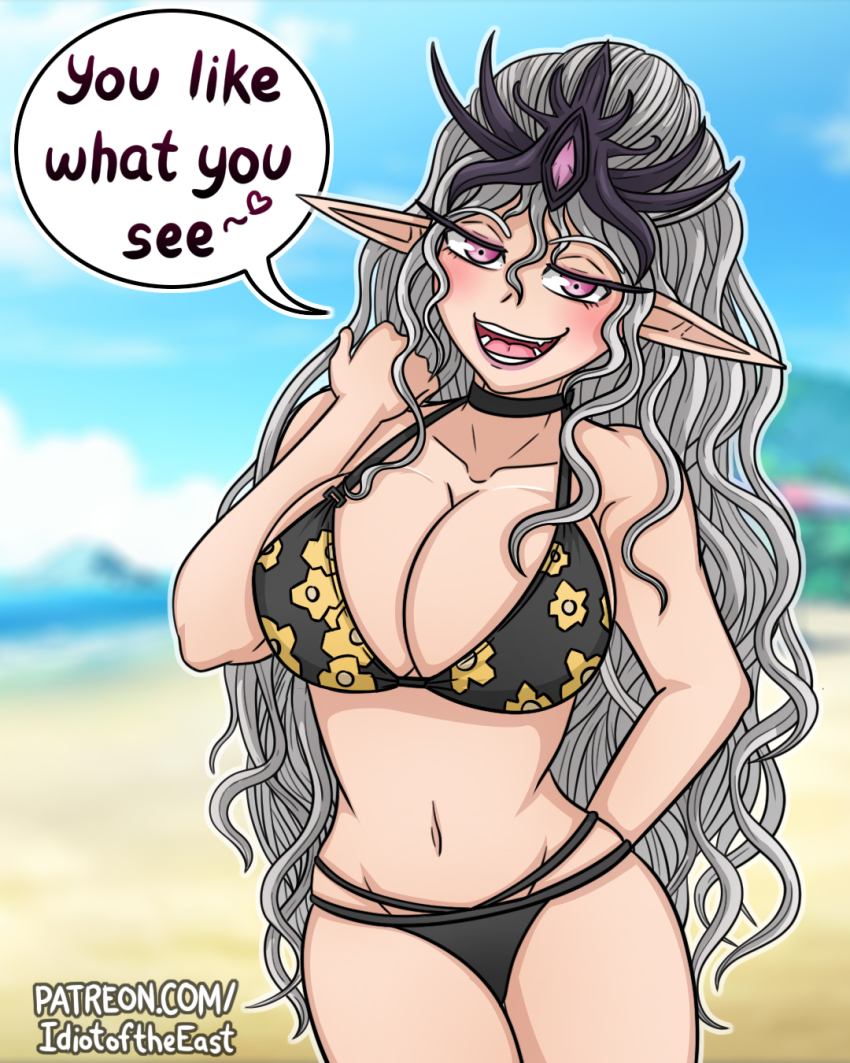 1girl arm_behind_back bikini black_bikini black_choker blurry blurry_background breasts choker cleavage collarbone commentary contrapposto cosplay english_commentary english_text female_focus floral_print grey_hair groin highres idiot_of_the_east kitagawa_marin kitagawa_marin_(cosplay) large_breasts long_hair multi-strapped_bikini_bottom navel patreon_username pink_eyes pointy_ears slaanesh solo sono_bisque_doll_wa_koi_wo_suru swimsuit very_long_hair warhammer_40k watermark wavy_hair web_address