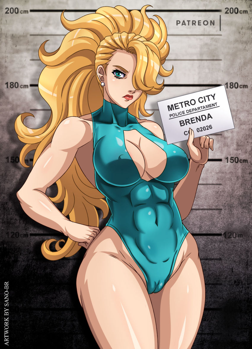 1girl blonde_hair blue_eyes blue_one-piece_swimsuit brenda_(captain_commando) capcom captain_commando character_name hair_over_one_eye highres lipstick makeup muscular muscular_female one-piece_swimsuit sano_br swimsuit wavy_hair