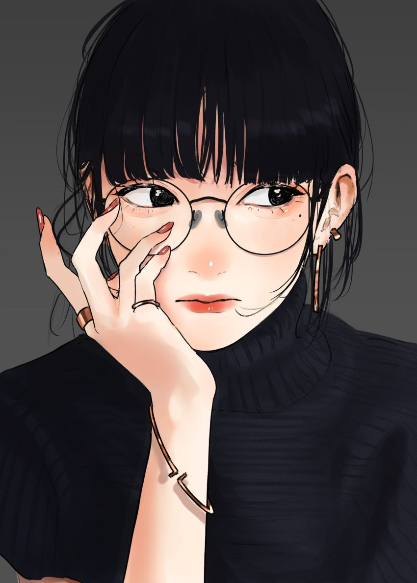 1girl black-framed_eyewear black_eyes black_hair black_sweater bracelet earrings glasses grey_background hand_up highres jewelry lips lipstick looking_to_the_side makeup mole mole_under_eye nail_polish original ring round_eyewear saitou_(lynx-shrike) short_hair simple_background solo sweater turtleneck turtleneck_sweater