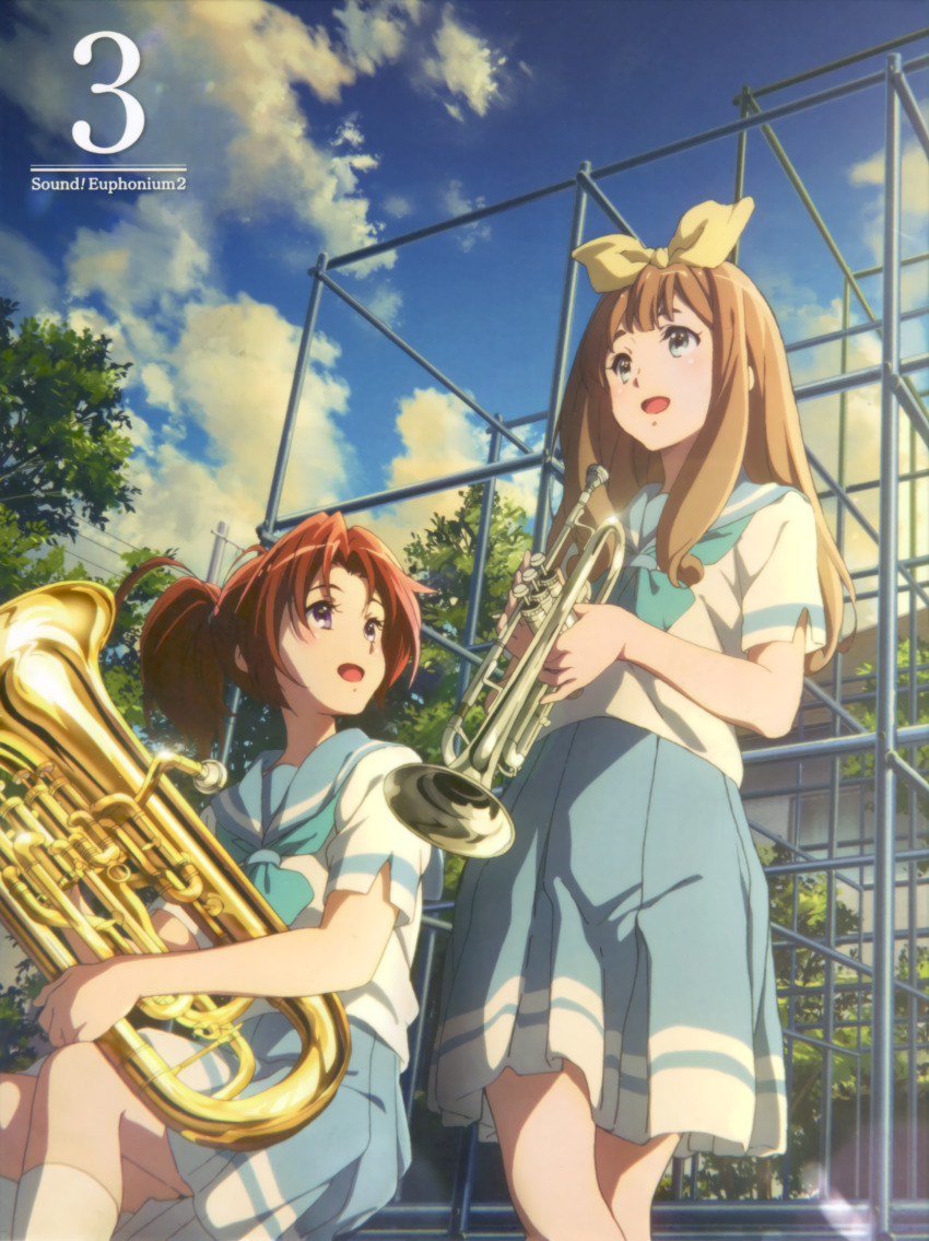 2girls :d ahoge album_cover blonde_hair blue_neckerchief blue_sailor_collar blue_skirt blue_sky blush brown_hair cloud cover dutch_angle euphonium from_below green_eyes hair_ribbon hibike!_euphonium highres holding holding_instrument ikeda_shouko instrument kitauji_high_school_uniform long_hair looking_at_another looking_up multiple_girls nakagawa_natsuki neckerchief official_art open_mouth outdoors playground pleated_skirt purple_eyes ribbon sailor_collar school_uniform serafuku shirt short_sleeves sitting skirt sky smile standing tree trumpet white_shirt yellow_ribbon yoshikawa_yuuko