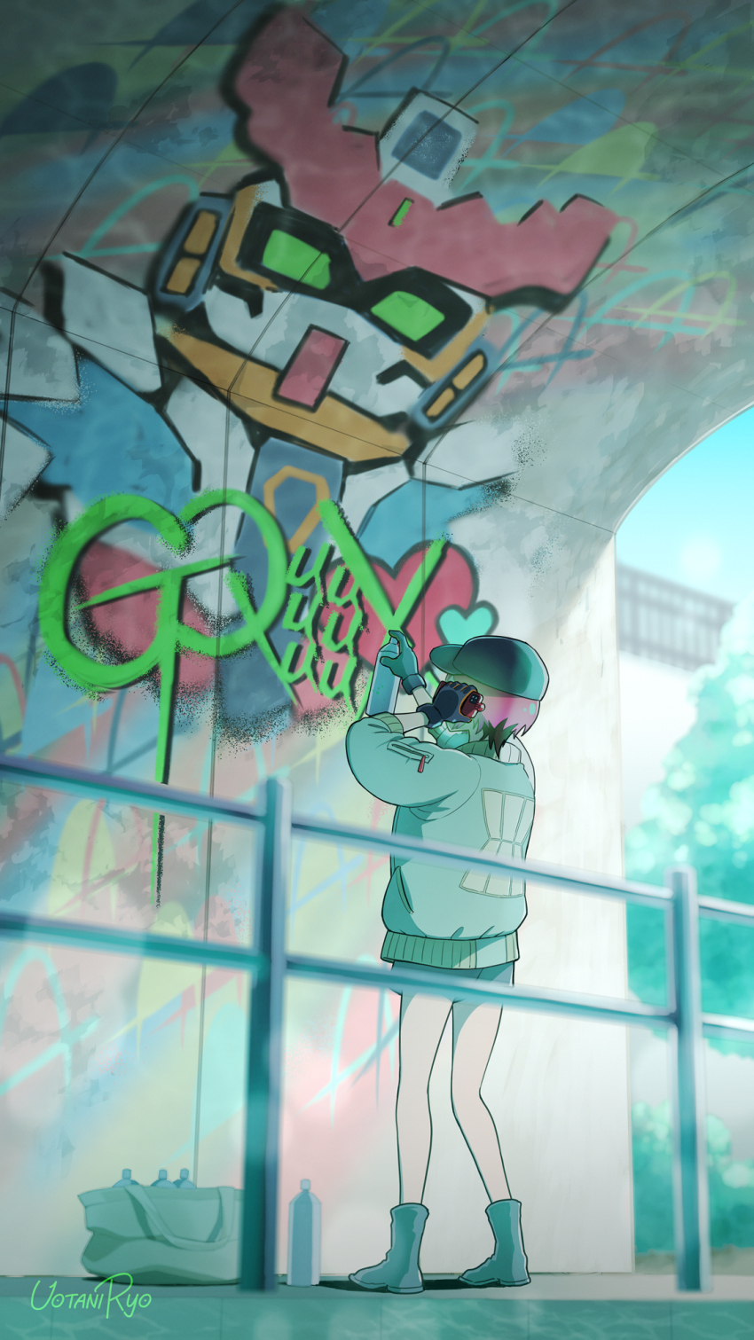 1girl amate_yuzuriha bag commentary_request day fence from_behind full_body gachirin gloves gquuuuuux graffiti gundam gundam_gquuuuuux hat highres holding holding_phone holding_spray_can jacket outdoors phone red_hair short_hair shorts solo spray_paint standing talking_on_phone