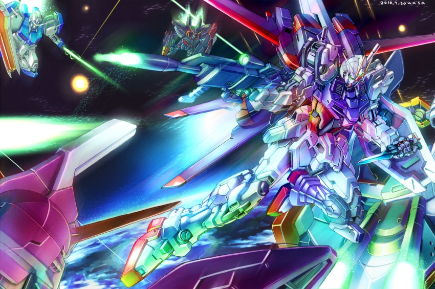 00s aegis_gundam aile_strike_gundam archangel_(gundam) battle beam_rifle blitz_gundam dagger duel_gundam earth_(planet) energy_beam energy_gun energy_sword explosion gun gundam gundam_seed knife mecha no_humans planet robot shield space spacecraft strike_gundam sword wasabi_(payan) weapon
