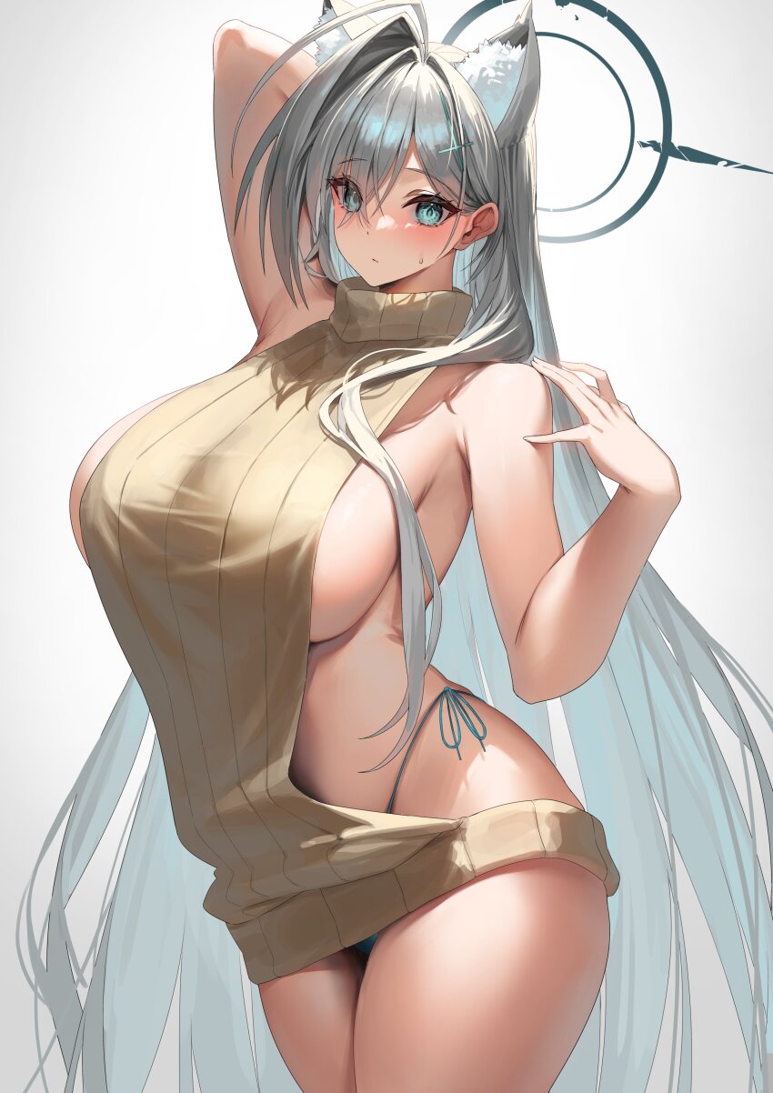 1girl absurdres animal_ear_fluff animal_ears arm_up armpits backless_dress backless_outfit black_halo blue_archive blue_eyes breasts broken_halo cross cross_hair_ornament dark_halo dress extra_ears grey_hair hair_ornament halo highleg highleg_panties highres inverted_cross long_hair meme_attire mismatched_pupils panties ribbed_sweater shiroko_(blue_archive) shiroko_terror_(blue_archive) side-tie_panties sideboob sweater sweater_dress turtleneck underwear virgin_killer_sweater wolf_ears wolf_girl yamanokami_eaka