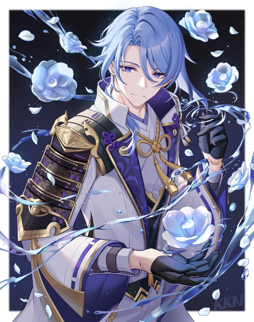 1boy absurdres blue_hair closed_mouth genshin_impact gloves hair_between_eyes highres holding jacket japanese_clothes kamisato_ayato lalazyt looking_at_viewer male_focus mole mole_under_mouth purple_eyes smile solo water