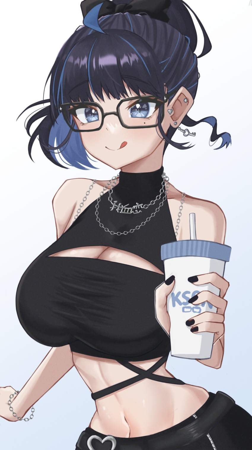 1girl :q absurdres ahoge bare_shoulders bead_bracelet beads belt black-framed_eyewear black_belt black_hair black_pants black_shirt blue_eyes blue_hair bracelet breasts chain chain_necklace character_name cleavage cleavage_cutout clothing_cutout colored_inner_hair crop_top cup disposable_cup ear_piercing earrings glasses high_ponytail highres holding holding_cup jewelry kson kson_(party_dress) large_breasts midriff multicolored_hair nail_polish narrow_waist navel necklace nyu-tan94 official_alternate_costume pants piercing ponytail shirt short_hair simple_background solo stomach streaked_hair stud_earrings tongue tongue_out turtleneck virtual_youtuber vshojo white_background