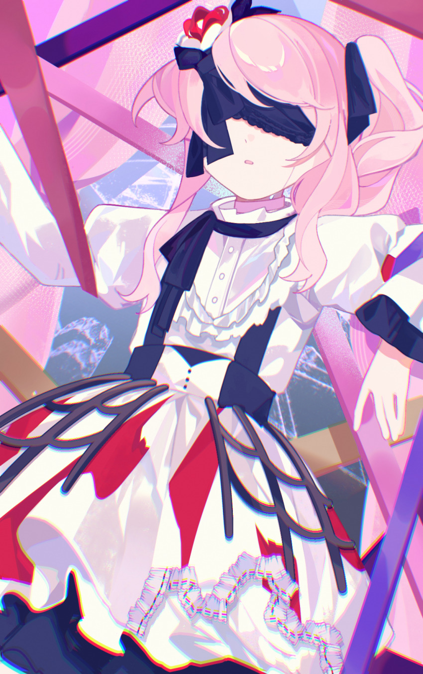 1other akiyama_mizuki black_bow blindfold bow buttons chromatic_aberration commentary cowboy_shot curtains elbow_rest facing_up frilled_shirt frilled_skirt frilled_sleeves frills grey_background hair_bow high_side_ponytail highres juliet_sleeves keikyoku_no_machi_wa_doko_e_(project_sekai) laylayhappy long_hair long_sleeves official_alternate_costume other_focus parted_lips pink_hair project_sekai puffy_sleeves shirt side_ponytail sidelocks simple_background skirt solo standing symbol-only_commentary white_shirt white_skirt