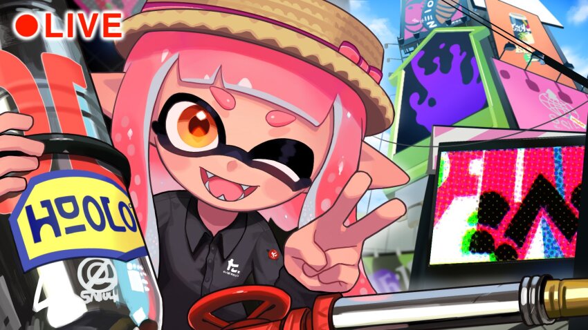 1girl black_shirt boater_hat bow brown_hat collared_shirt commentary_request commission dress_shirt fangs hat hat_bow hat_ribbon highres holding holding_weapon hydra_splatling_(splatoon) in-universe_location inkling inkling_girl inkling_player_character long_hair long_sleeves looking_at_viewer nintendo one_eye_closed open_mouth orange_eyes outdoors paripi_nasubi pink_bow pink_hair pointy_ears purple_ribbon recording ribbon shirt skeb_commission smile solo splatoon_(series) splatoon_2 tentacle_hair upper_body v weapon