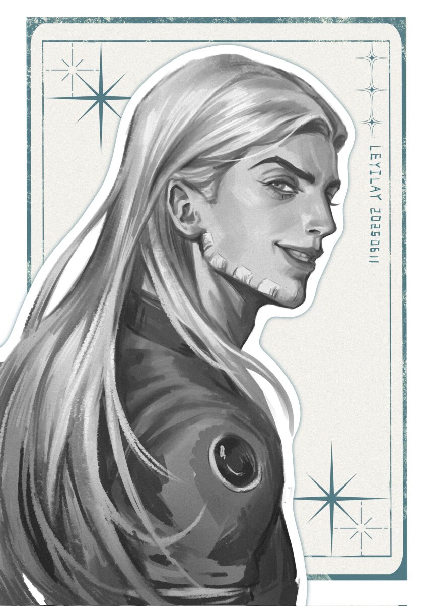 1boy beard commentary commentary_request dated facial_hair from_side greyscale gyro_zeppeli high_collar highres jojo_no_kimyou_na_bouken lay_llll long_hair looking_at_viewer male_focus monochrome no_headwear parted_lips profile smile solo steel_ball_run teeth upper_body