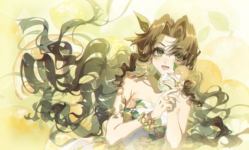 1girl aerith_gainsborough aerith_gainsborough_(citric_dress) armlet bare_shoulders bracelet breasts brown_hair choker cleavage cup dress earrings final_fantasy final_fantasy_vii final_fantasy_vii_ever_crisis food-themed_earrings food_print food_themed_earrings fruit_background fruit_print green_eyes green_ribbon hair_between_eyes hair_ribbon highres holding holding_cup jewelry kieta long_dress long_hair looking_at_viewer mandarin_orange_slice medium_breasts multiple_rings official_alternate_costume open_mouth orange-shaped_earrings orange_background orange_print own_hands_together parted_bangs print_dress ribbon ring sidelocks smile solo strapless strapless_dress tropical_drink upper_body wavy_hair