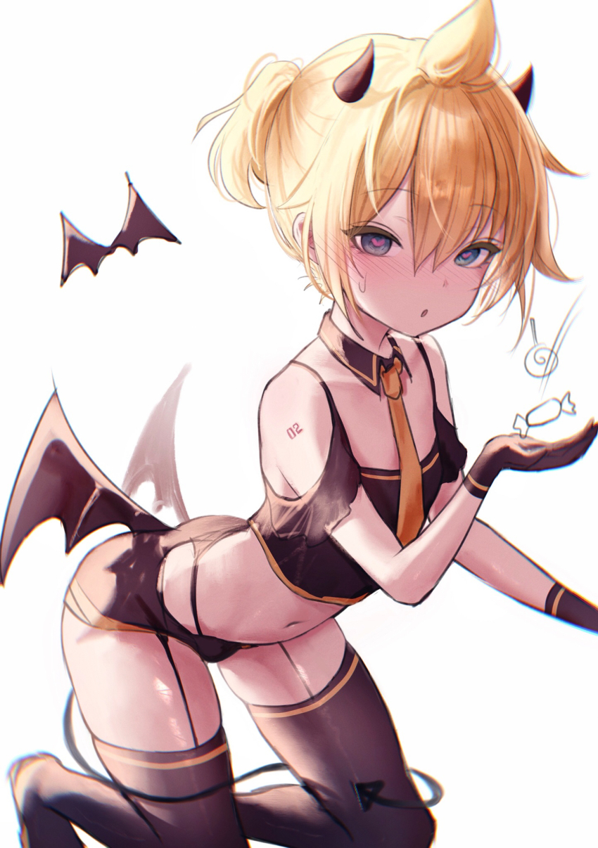 1boy ahoge arm_tattoo azulasi bat_(animal) black_shirt black_shorts black_thighhighs blonde_hair blue_eyes blush bulge clothing_cutout commentary commentary_request crop_top cropped_shirt crossdressing demon_boy demon_horns demon_tail demon_wings detached_collar double-parted_bangs english_commentary full_body garter_straps hair_between_eyes heart heart_in_eye highres horns kagamine_len kneehighs kneeling looking_at_viewer low_wings male_focus mixed-language_commentary navel necktie number_tattoo parted_lips partial_commentary ponytail shirt short_hair short_ponytail short_shorts short_sleeves shorts shoulder_cutout simple_background skindentation socks solo stomach sweat symbol_in_eye tail tattoo thighhighs thighs trap vocaloid white_background wings yellow_necktie
