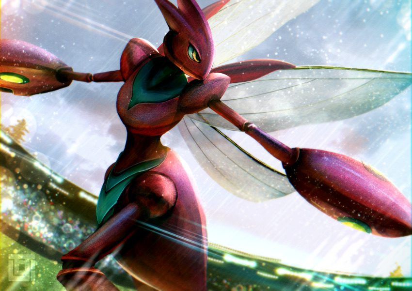 absurdres claws gen_2_pokemon highres insect_wings kozsen_810290 lens_flare looking_to_the_side nintendo no_humans pokemon pokemon_(creature) scizor sky solo stadium wings yellow_eyes