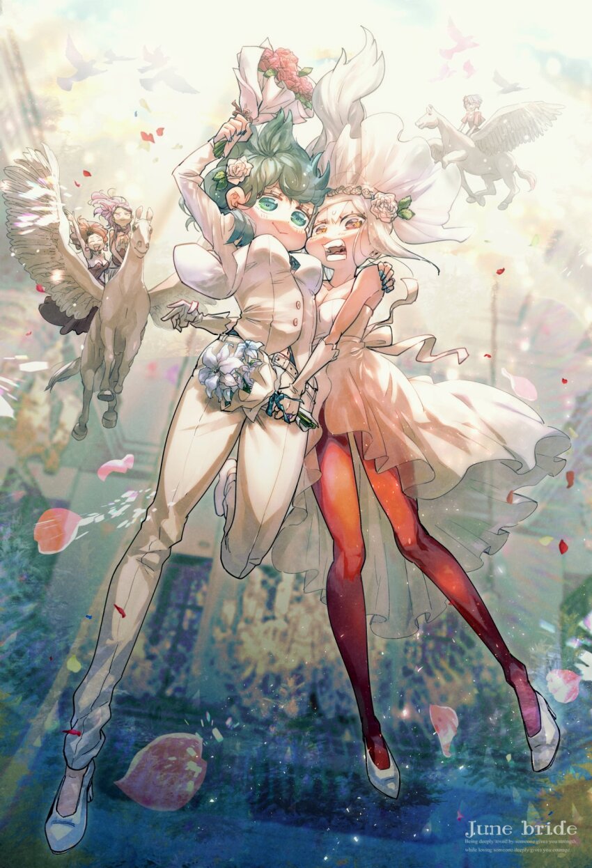 5girls bernadetta_von_varley bird bouquet breasts bridal_veil female_byleth_(fire_emblem) dorothea_arnault dove dress edelgard_von_hresvelg female_focus fire_emblem fire_emblem:_three_houses flower flying formal_clothes green_hair high_heels highres holding holding_bouquet horse korokoro_daigorou legs looking_at_viewer medium_breasts midair multiple_girls nintendo pants pantyhose pegasus petra_macneary red_pantyhose riding smile suit tuxedo veil wedding wedding_dress white_dress white_hair white_pants white_suit wife_and_wife yuri