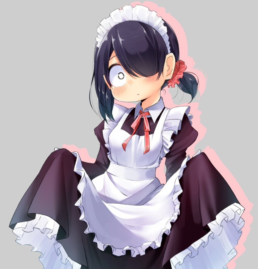 1girl alternate_costume apron black_dress blush child clothes_grab cowboy_shot dot_nose dress expressionless eyebrows female_focus flat_chest frilled_dress frills grey_background hair_over_one_eye hands_up highres horry0608_(horikazu) jijou_wo_shiranai_tenkousei_ga_guigui_kuru. looking_at_viewer low_ponytail maid maid_apron maid_headdress nishimura_akane parted_lips ponytail short_ponytail simple_background solo standing two-tone_dress white_apron white_dress white_eyes white_headdress