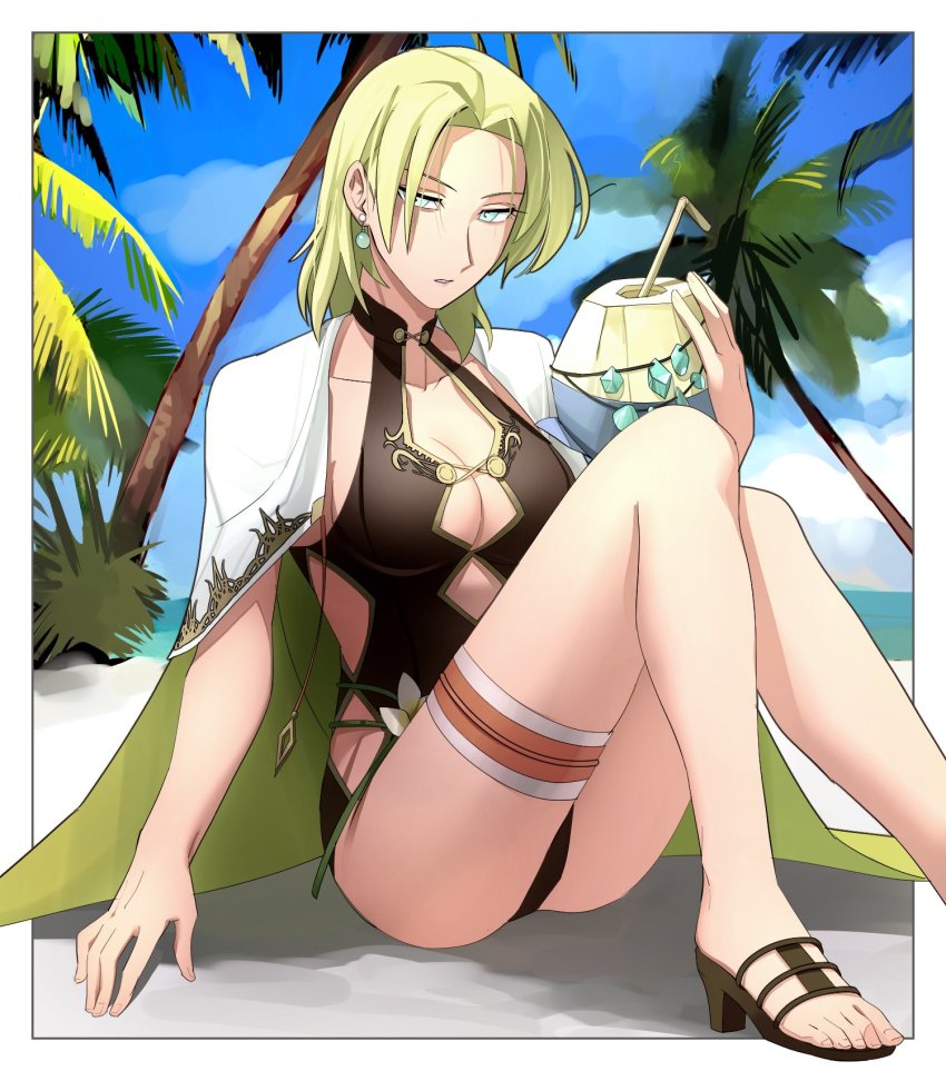 1girl asagi_(banzoku210) bare_arms blonde_hair blue_eyes breasts cape cleavage collarbone drinking_straw earrings feet female_focus fire_emblem fire_emblem:_the_sacred_stones fire_emblem_heroes fruit_cup full_body green_cape high_heel_sandals highleg highleg_one-piece_swimsuit highres holding jewelry long_hair looking_at_viewer medium_breasts nintendo one-piece_swimsuit palm_tree parted_bangs parted_lips sandals selena_(fire_emblem:_the_sacred_stones) selena_(summer)_(fire_emblem:_the_sacred_stones) sitting solo swimsuit thigh_strap thighs toes tree