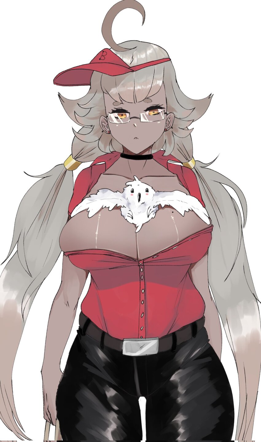 1girl ahoge bird black_choker black_pants breasts choker closed_mouth collared_shirt commentary corrupted_twitter_file cowboy_shot dark-skinned_female dark_skin english_commentary expressionless glasses grey_background grey_hair highres large_breasts long-tailed_tit long_hair looking_at_viewer low_twintails mole mole_on_breast orange_eyes original pants rectangular_eyewear red_shirt shirt short_sleeves simple_background solo thick_eyebrows tit_(bird) twintails very_long_hair visor_cap weeze