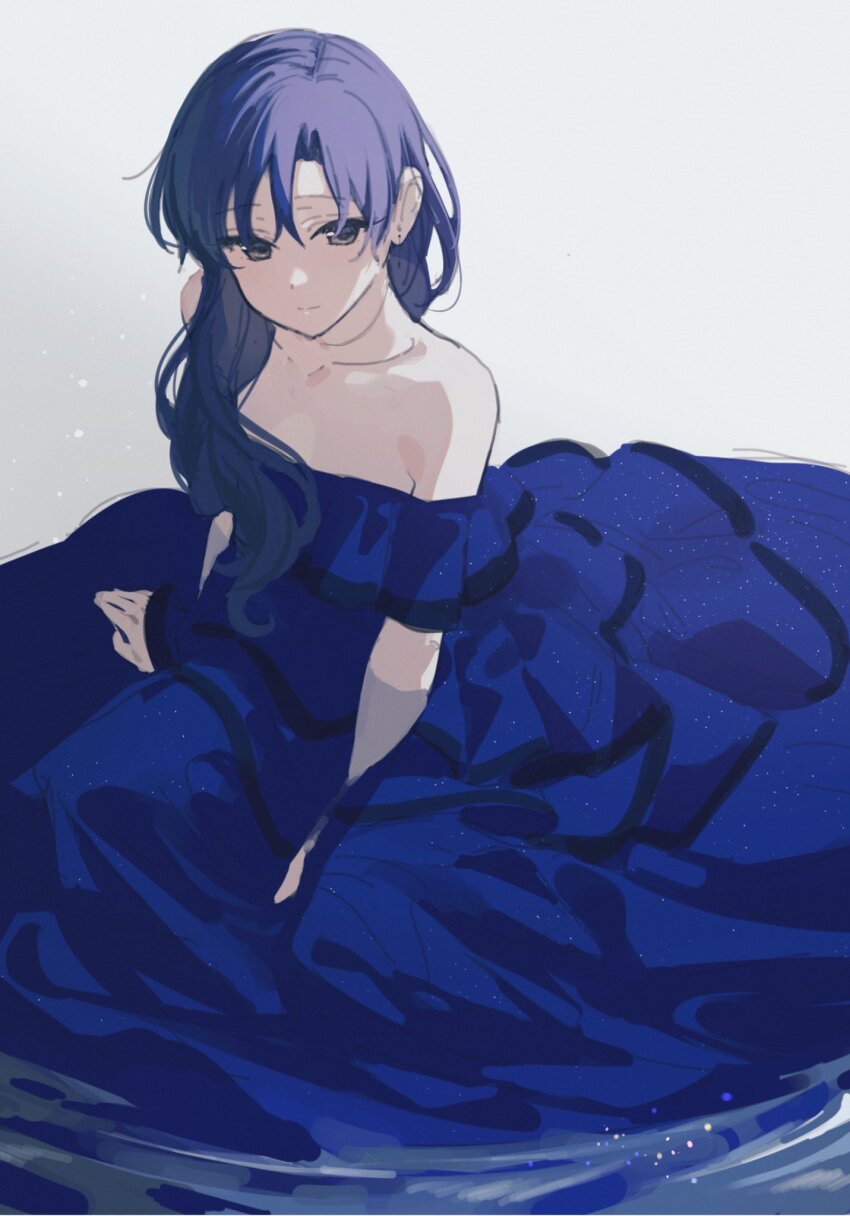 1girl bare_shoulders blue_dress blue_hair closed_mouth collarbone commentary dress expressionless hair_over_shoulder highres idolmaster idolmaster_(classic) kisaragi_chihaya layered_dress long_hair nozawa_noko simple_background sitting solo white_background