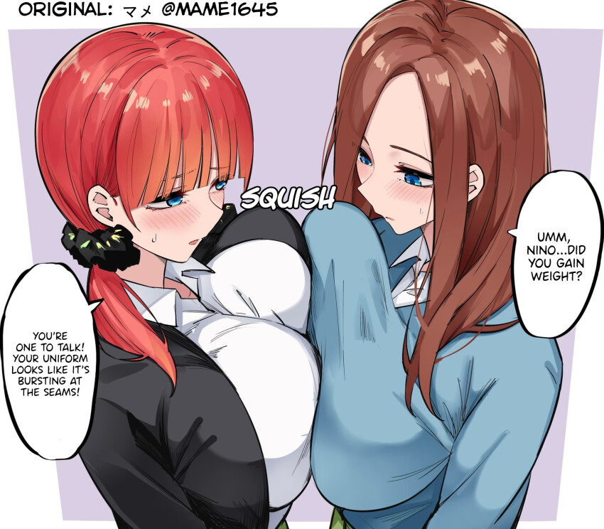 2girls aged_up black_jacket black_scrunchie blue_eyes blue_sweater blush breast_press breasts brown_hair closed_mouth go-toubun_no_hanayome hair_ornament hair_scrunchie hard-translated highres huge_breasts jacket large_breasts long_hair looking_at_another mame1645 multiple_girls nakano_miku nakano_nino purple_background red_hair scrunchie shirt siblings sisters speech_bubble sweater symmetrical_docking third-party_edit translated twins two-tone_background white_background white_shirt