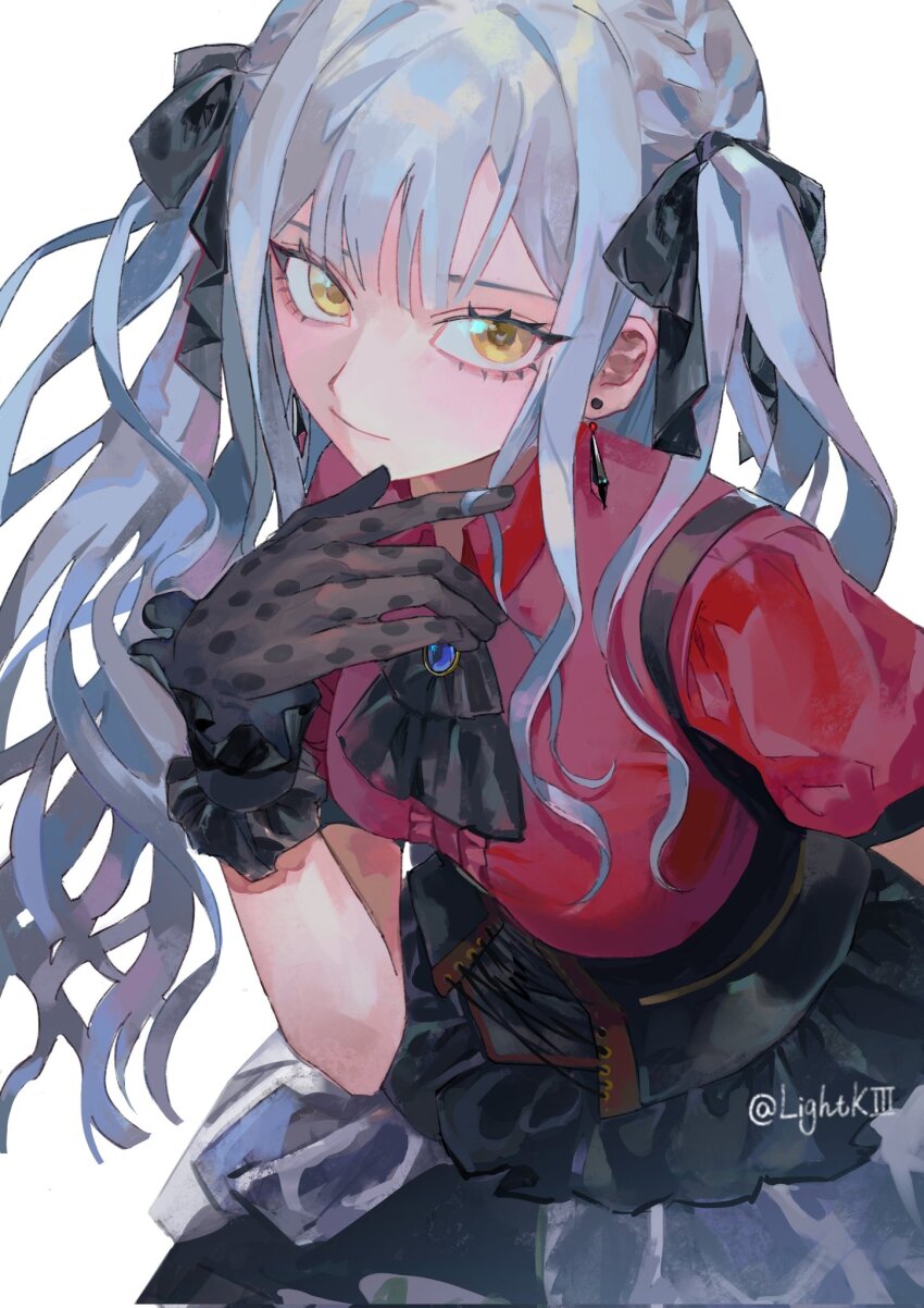 1girl ascot bang_dream! bang_dream!_it&#039;s_mygo!!!!! black_ascot black_corset black_gloves black_ribbon blue_brooch blue_hair center-flap_bangs closed_mouth collared_shirt corrupted_twitter_file corset cross-laced_clothes cross-laced_corset earrings frilled_skirt frilled_wrist_cuffs frills gloves hair_ribbon hand_up hashtag-only_commentary highres jewelry kinayone layered_skirt long_sidelocks looking_at_viewer oblivionis_(bang_dream!) playing_with_own_hair red_shirt ribbon shirt short_sleeves shoulder_strap sidelocks simple_background skirt solo three_quarter_view togawa_sakiko twirling_hair twitter_username two_side_up white_background wrist_cuffs yellow_eyes