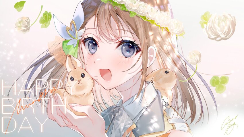 1girl :d animal blush bow bowtie brown_hair commentary_request flower grey_bow grey_bowtie grey_eyes guest_art hair_ornament hanasato_minori happy_birthday head_wreath heart highres holding holding_animal holding_rabbit looking_at_viewer miwano_rag open_mouth project_sekai rabbit second-party_source signature smile solo white_flower