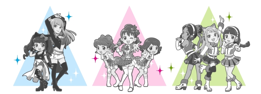 aida_(osomatsu-san) alternate_costume arm_up braid braided_ponytail chibimi chibita dark-skinned_female dark_skin dayoon_girl dress frilled_dress frills fukai_(yas_lions) genderswap genderswap_(mtf) hair_bun halter_shirt halterneck hashimoto_nyaa headphones highres holding holding_microphone idol idol_clothes iyami iyayo jyushimatsu&#039;s_girlfriend long_hair looking_at_viewer microphone osomatsu-san osomatsu_(series) pointing pointing_at_viewer sachiko_(osomatsu-san) short_twintails single_braid smile spot_color twintails wrist_cuffs yowai_totoko