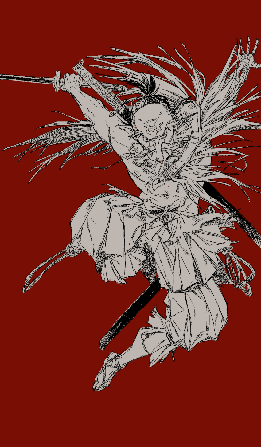 greyscale_with_colored_background highres holding holding_sword holding_weapon japanese_clothes katana male_focus mask nipples pants piyomotsu ponytail red_background sandals sekiro sekiro:_shadows_die_twice simple_background solo sword tengu_mask topless_male weapon