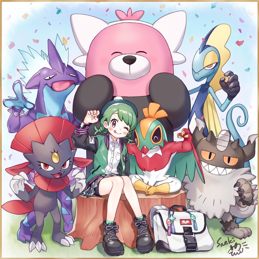 1girl ;p alternate_costume alternate_hair_color alternate_hairstyle artist_name beret bewear black_footwear black_shorts border buckle closed_mouth collared_shirt confetti dress_shirt gen_4_pokemon gen_6_pokemon gen_7_pokemon gen_8_pokemon gloria_(pokemon) green_hair green_headwear green_socks grey_skirt hand_up hat hawlucha highres indie_virtual_youtuber inteleon jacket knees_together_feet_apart looking_at_viewer nintendo one_eye_closed open_clothes open_jacket paw_pose perrserker pleated_skirt pokemon pokemon_(creature) pokemon_swsh saeki_yahiro saekiyahiro shirt shoes short_hair shorts shorts_under_skirt signature sitting skirt socks tassel tongue tongue_out toxtricity toxtricity_(low_key) virtual_youtuber weavile white_bag white_shirt yellow_border