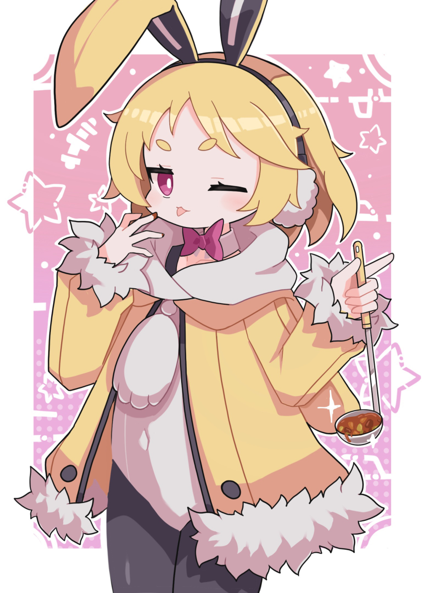 1girl :3 :p animal_ear_hairband animal_ears black_hairband black_pantyhose blonde_hair border bow bowtie coat collarbone covered_navel curry demon_girl detached_collar disgaea earmuffs fake_animal_ears food food_on_hand fur-trimmed_jacket fur-trimmed_sleeves fur_trim gradient_background hairband highres hikimayu holding holding_ladle jacket jitome ladle leotard long_sleeves looking_at_viewer makai_senki_disgaea_5 one_eye_closed pantyhose pink_background playboy_bunny polka_dot polka_dot_background purple_bow purple_bowtie rabbit_ear_hairband rabbit_earmuffs rabbit_ears rabbit_girl rabbits_foot red_eyes scarf short_eyebrows short_hair smile solo sparkle star_(symbol) star_symbol_background suaman tasting thick_eyebrows tongue tongue_out usalia_(disgaea) white_border white_leotard white_scarf yellow_coat yellow_jacket