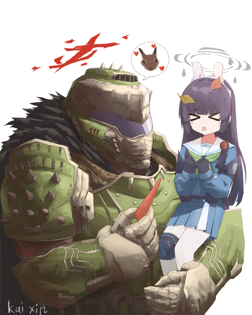 &gt;_&lt; 1boy 1girl absurdres animal_ears armor artist_name assault_visor black_hair blue_archive blue_serafuku carrot carrying child_carry crossover doom:_the_dark_ages doom_(series) doomguy fake_animal_ears food green_armor green_neckerchief grey_visor helmet highres holding holding_carrot holding_food kai_xin leaf leaf_on_head long_hair mark_of_the_doom_slayer miyu_(blue_archive) neckerchief pantyhose power_armor praetor_suit rabbit_ears rectangular_mouth school_uniform serafuku space_marine speech_bubble spiked_pauldrons upper_body white_background white_pantyhose