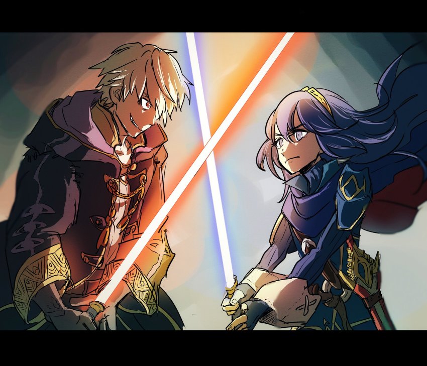1boy 1girl blue_eyes blue_hair cape dark_persona energy_sword evil_smile fire_emblem fire_emblem_awakening fire_emblem_heroes gloves grima_(fire_emblem) highres holding hood hoshigaki_(hsa16g) lightsaber long_hair lucina_(fire_emblem) male_robin_(fire_emblem) male_robin_(grima)_(fire_emblem) nintendo red_eyes robe short_hair smile star_wars sword tiara two-handed weapon white_hair