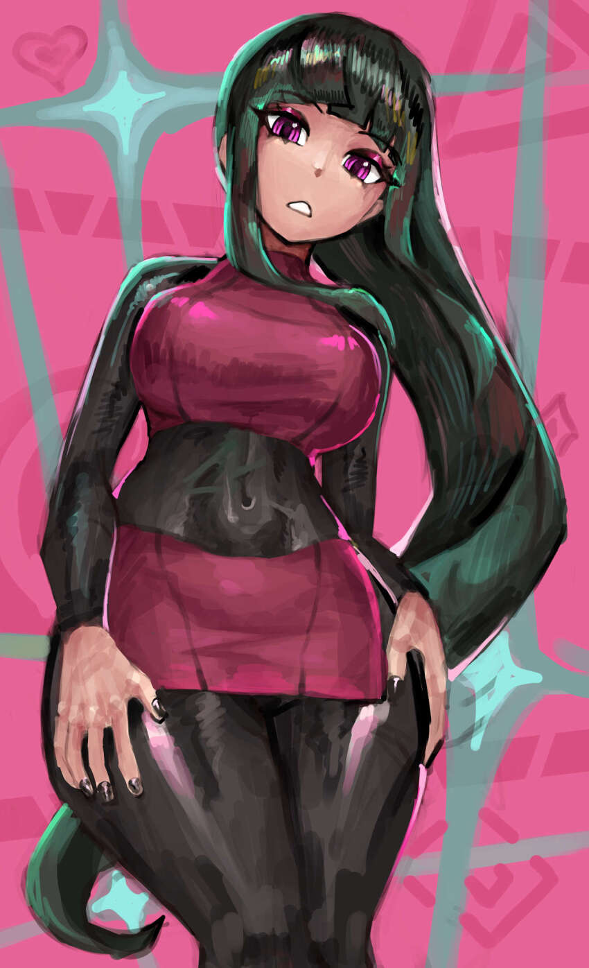 black_hair black_nails blunt_bangs bodystocking bodysuit breasts covered_navel creatures_(company) game_freak highres large_breasts long_hair looking_at_viewer nintendo pencil_skirt pokemon pokemon_frlg red_eyes sabrina_(pokemon) saiykik sidelocks skirt thick_thighs thighs tight_clothes very_long_hair