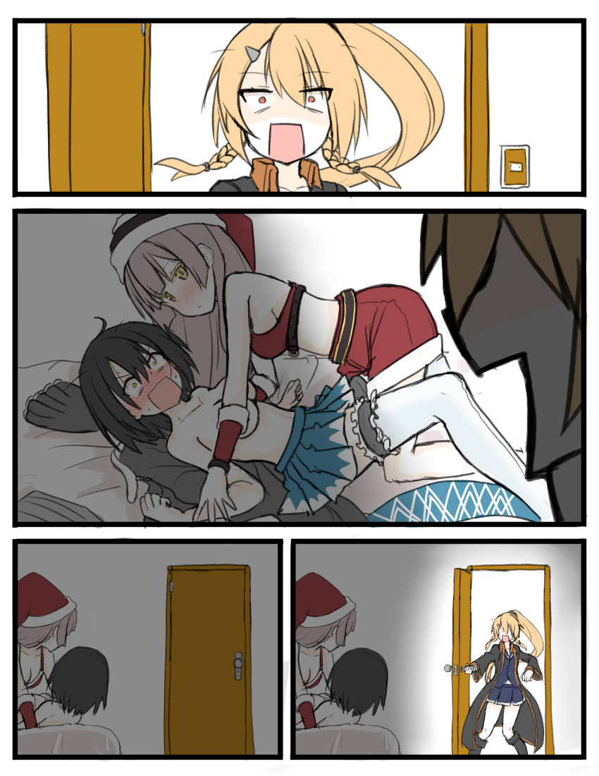 3girls ahoge atsushi_(aaa-bbb) bad_id bad_pixiv_id bare_shoulders bed bite_mark black_coat black_footwear black_hair blonde_hair blue_skirt blush boots breasts unworn_clothes coat collarbone commentary_request door doorknob doorway hair_ornament hairpin hat hickey highres kashuu_kiyomitsu_(tenka_hyakken) kijinmaru_kunishige_(tenka_hyakken) kiku_ichimonji_norimune_(tenka_hyakken) knee_boots light_switch long_hair long_sleeves medium_breasts multiple_girls open_clothes open_coat open_door open_mouth orange_eyes pleated_skirt ponytail santa_costume santa_hat short_hair shorts silver_hair skirt surprised sweat tenehiao tenka_hyakken yellow_eyes yuri