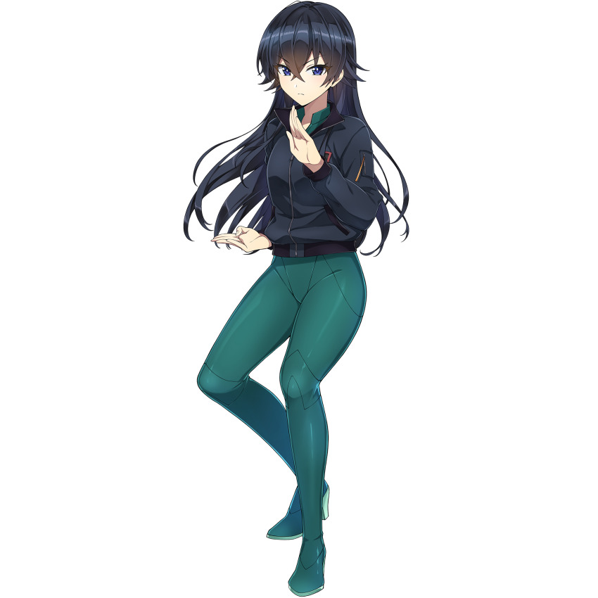 1girl black_hair black_jacket blue_eyes bodysuit breasts closed_mouth crossed_bangs dolphin_wave fighting_stance game_cg green_bodysuit green_wetsuit hagane_otsuki highres jacket light_frown long_hair looking_at_viewer martial_arts non-web_source official_alternate_costume official_art ootomo_takuji serious small_breasts solo transparent_background