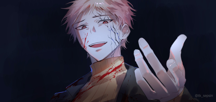 1boy absurdres atou_haruki black_jacket blonde_hair blood blood_on_clothes blood_on_face brown_sweater commentary highres jacket male_focus open_clothes open_jacket open_mouth outstretched_arm reaching reaching_towards_viewer red_eyes ribbed_sweater saibou_shinkyoku short_hair smile solo spoilers sweater teeth tk_(tksnim) turtleneck turtleneck_sweater twitter_username upper_teeth_only