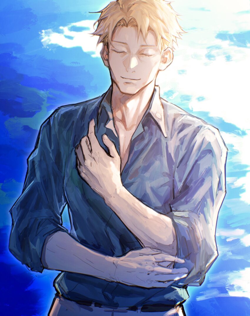 1boy belt black_belt blonde_hair blue_shirt closed_eyes collared_shirt deka_yo grey_pants highres jujutsu_kaisen light_smile male_focus nanami_kento pants shirt short_hair solo standing upper_body