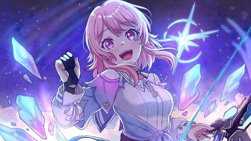 1girl archery_shooting_glove bang_dream! black_choker black_gloves blue_jacket bow_(weapon) bra_strap breasts buttons choker commentary_request cosplay crystal gloves gradient_clothes gradient_jacket highres holding holding_bow_(weapon) holding_weapon honkai:_star_rail honkai_(series) jacket long_sleeves looking_at_viewer luvechaee march_7th_(honkai:_star_rail) march_7th_(honkai:_star_rail)_(cosplay) march_7th_(preservation)_(honkai:_star_rail) maruyama_aya medium_breasts medium_hair off-shoulder_jacket off_shoulder open_mouth partially_fingerless_gloves pink_eyes pink_jacket shirt single_glove solo teeth tied_jacket twitter_username underbust upper_body upper_teeth_only weapon white_shirt