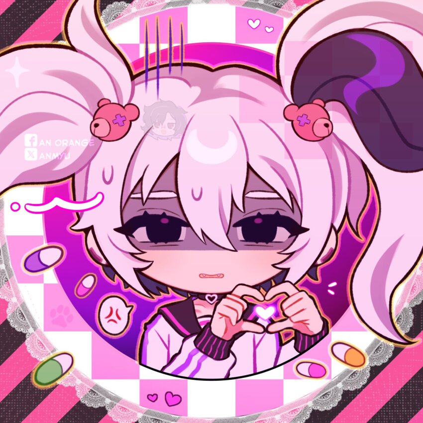 1girl anger_vein anmyu bear_hair_ornament black_choker black_eyes black_hair black_sailor_collar border choker collarbone commentary commission double-parted_bangs double_vertical_stripe empty_eyes english_commentary facebook_logo facebook_username fangs flower_(vocaloid) flower_(vocaloid3) gradient_background hair_between_eyes hair_ornament hands_up heart heart_choker heart_hands heart_in_heart_hands highres lace lace_border long_sleeves looking_at_viewer multicolored_hair musical_note no_pupils orange_outline ornate_border outline outside_border parted_lips pill pink_background pink_outline puffy_long_sleeves puffy_sleeves purple_background round_border sailor_collar shirt solo spoken_anger_vein straight-on streaked_hair sweat turn_pale twintails twitter_username twitter_x_logo two-tone_hair upper_body vocaloid white_hair white_shirt