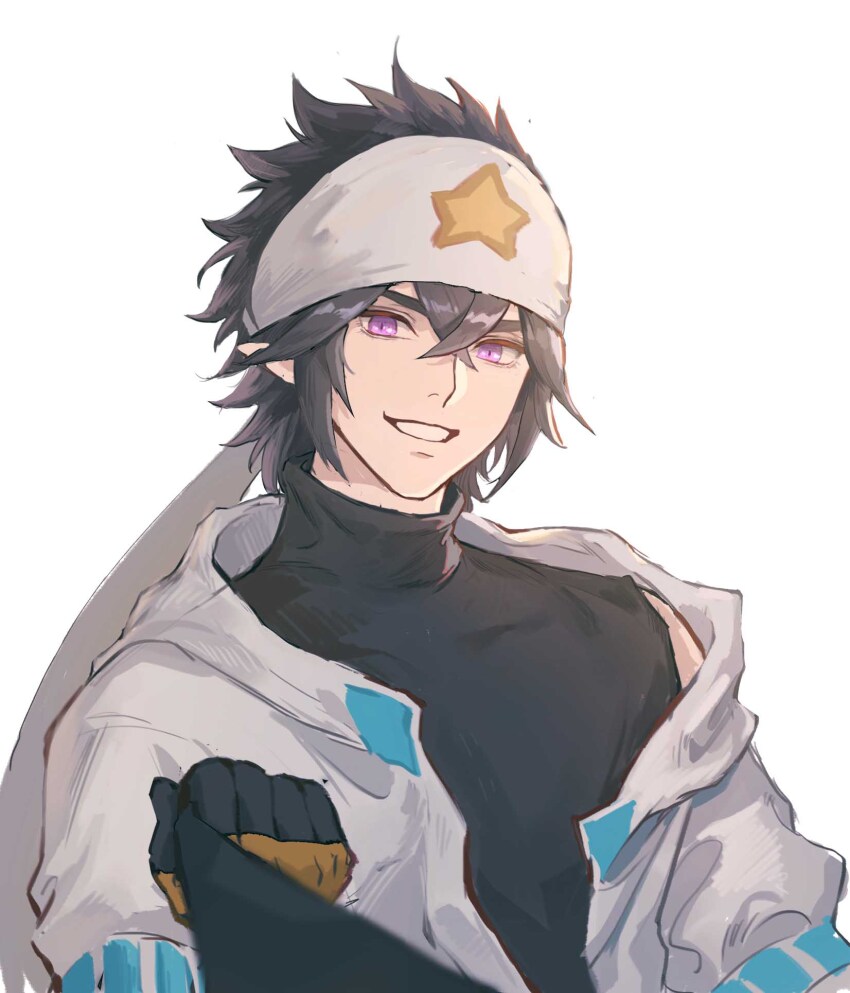 1boy aotu_world bandana black_gloves black_hair black_shirt chinese_commentary clenched_hand gloves grin hair_between_eyes headband highres hood hood_down hooded_jacket jacket looking_at_viewer male_focus off_shoulder open_clothes pointy_ears pov purple_eyes ray_(aotu_world) shirt short_hair simple_background smile solo star_(symbol) star_print teeth tingaqingjianggushi turtleneck upper_body white_background white_headband white_jacket