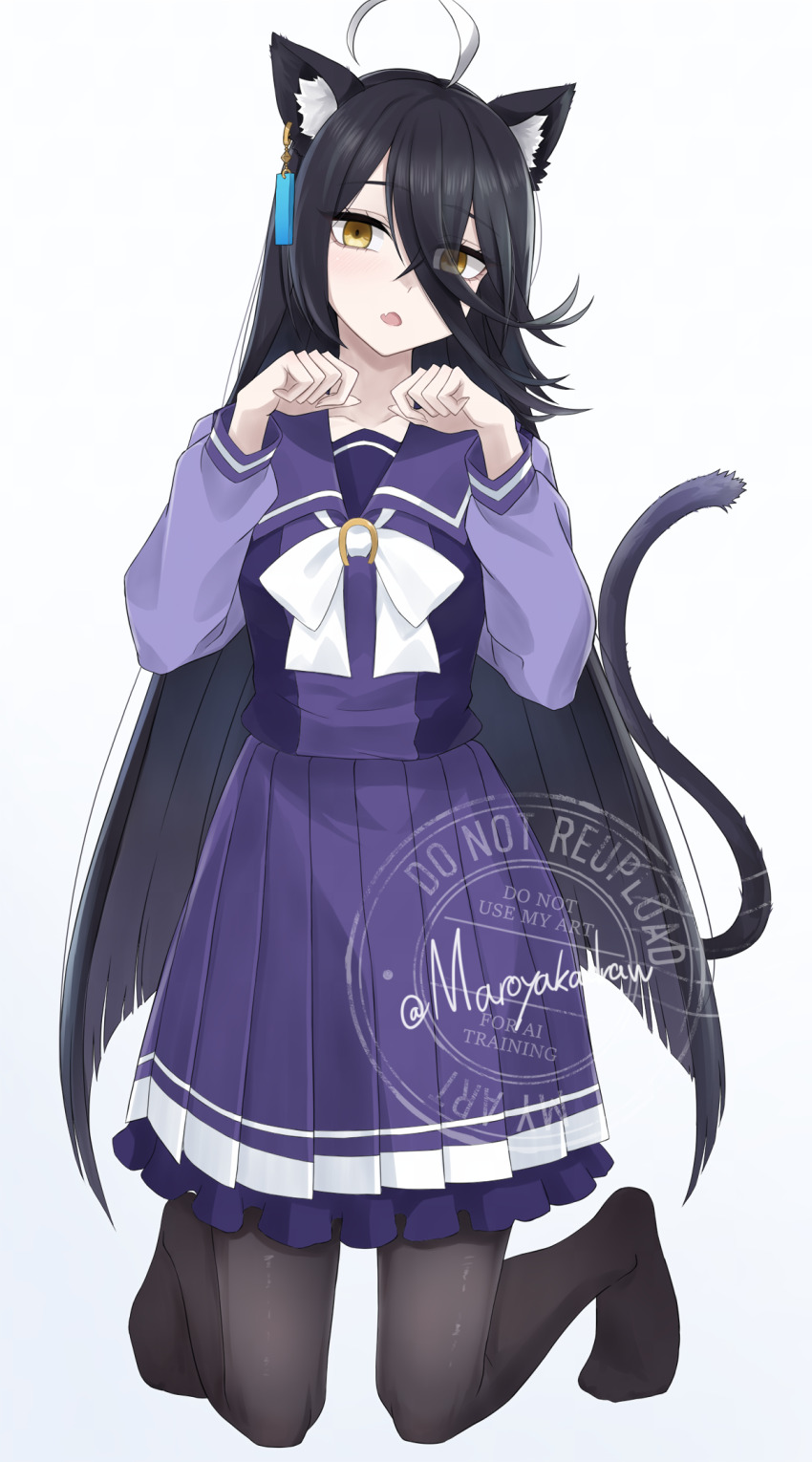 1girl ahoge alternate_animal_ears alternate_tail animal_ears black_hair black_pantyhose bow cat cat_ears commentary_request feet hair_between_eyes highres ibuki_grunt kneeling long_hair looking_at_viewer manhattan_cafe_(umamusume) multicolored_hair no_shoes open_mouth pantyhose paw_pose pleated_skirt purple_serafuku purple_shirt purple_skirt sailor_collar school_uniform serafuku shirt simple_background skirt solo streaked_hair tail tracen_school_uniform twitter_username umamusume watermark white_background white_bow white_hair winter_uniform yellow_eyes