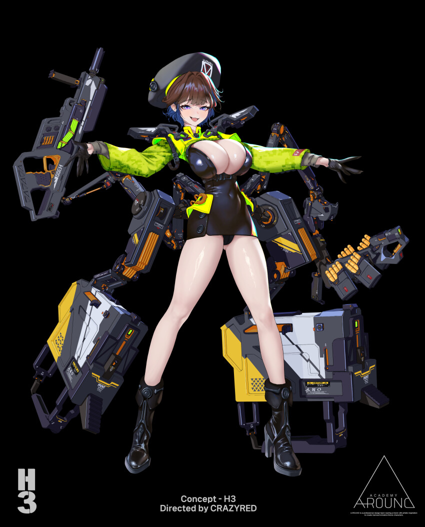 1girl absurdres ammunition armor artist_logo artist_name bare_legs belt belt_buckle beret black_background black_belt black_boots black_gloves black_hat black_leotard black_shoes blue_hair boots breasts brown_hair buckle cleavage covered_navel crazyred cropped_sweater fang gloves green_shrug gun h-3 hat high_heel_boots high_heels highres large_breasts leotard logo looking_at_viewer mechanical_arms multicolored_hair open_mouth original purple_eyes science_fiction shoes shoulder_armor shrug_(clothing) skindentation solo standing sweater weapon