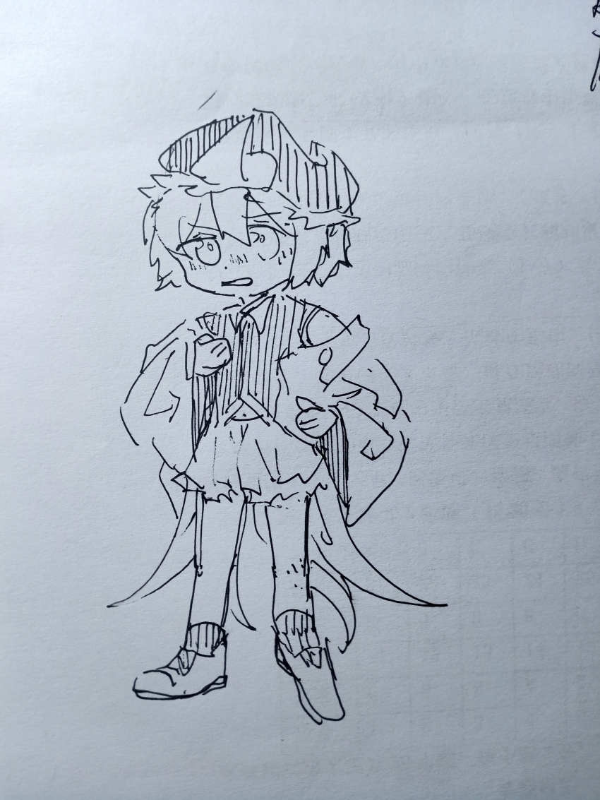 1other absurdres androgynous arrow_print blush collared_shirt deformed dot_nose frilled_headwear frilled_shorts frills frown greyscale hair_between_eyes hand_on_own_hip hat highres jacket len&#039;en long_sleeves looking_ahead mob_cap monochrome open_clothes open_jacket open_mouth other_focus photo_(medium) puffy_shorts shirt shitodo_kuroji shoes short_hair shorts single_bare_shoulder sleeveless sleeveless_shirt socks solo standing traditional_media triangular_headpiece wide_sleeves xuan9119