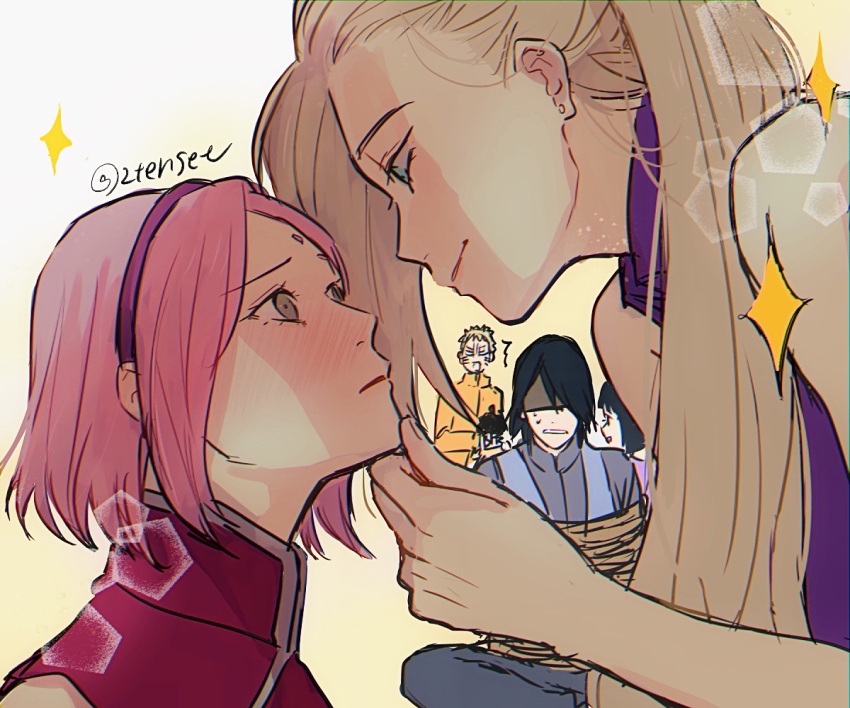 2boys 2tenset 3girls black_hair blonde_hair blue_eyes blurry blush bokeh boruto:_naruto_next_generations boruto:_naruto_the_movie bound commentary_request depth_of_field grabbing_another&#039;s_chin green_eyes hand_on_another&#039;s_chin haruno_sakura hyuuga_hinata long_hair multiple_boys multiple_girls naruto_(classic) naruto_(series) parted_lips pink_hair short_hair sparkle tied_up_(nonsexual) twitter_username uchiha_sasuke uzumaki_naruto yamanaka_ino yuri