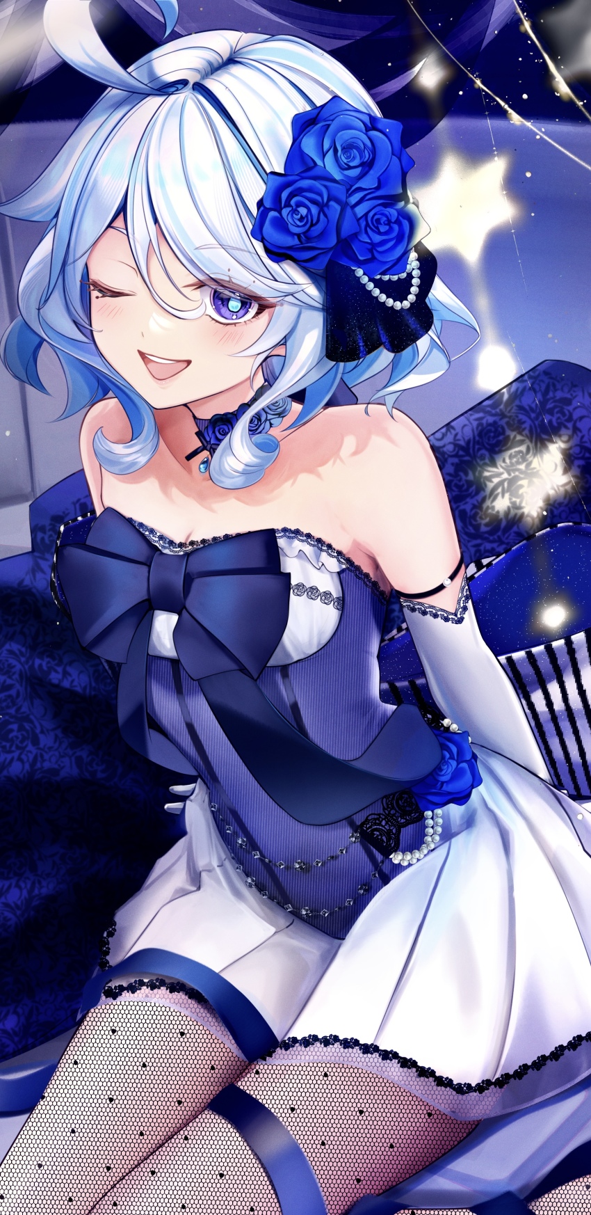 1girl ;d absurdres ahoge asahi_(vjss4548) bare_shoulders blue_bow blue_bowtie blue_choker blue_dress blue_eyes blue_flower blue_gemstone blue_hair bow bowtie breasts choker cleavage commentary commentary_request dress drop-shaped_pupils elbow_gloves english_commentary fishnets flower furina_(genshin_impact) gem genshin_impact gloves hair_flower hair_ornament head_tilt highres lace_trim light_blue_hair long_hair looking_at_viewer medium_breasts mixed-language_commentary multicolored_hair one_eye_closed open_mouth partial_commentary sitting smile solo star_(symbol) strapless strapless_dress symbol-shaped_pupils thigh_strap two-tone_dress two-tone_hair white_dress white_gloves white_hair
