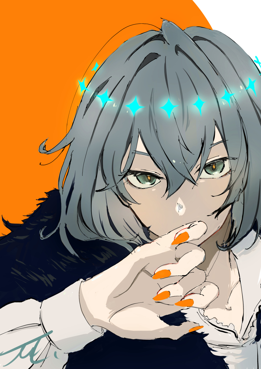 1boy absurdres blue_eyes cape collared_shirt crown diamond_hairband fate/grand_order fate_(series) fur-trimmed_cape fur_trim grey_hair highres long_sleeves looking_at_viewer male_focus medium_hair mmmpsychedelic138 nail_polish oberon_(fate) oberon_(third_ascension)_(fate) orange_background orange_nails shirt simple_background solo two-tone_background upper_body white_background white_shirt