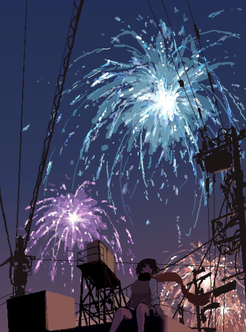 1girl :o aerial_fireworks atmospheric_perspective black_eyes black_shoes brown_hair building fireworks from_below highres hisachan55cute mask mouth_mask multicolored_shirt no_humans original pixel_art power_lines red_scarf scarf scenery shirt shoes short_hair silhouette sitting_on_building sky sky_focus sleeves_rolled_up solo sunset upper_body utility_pole water_tower white_shirt