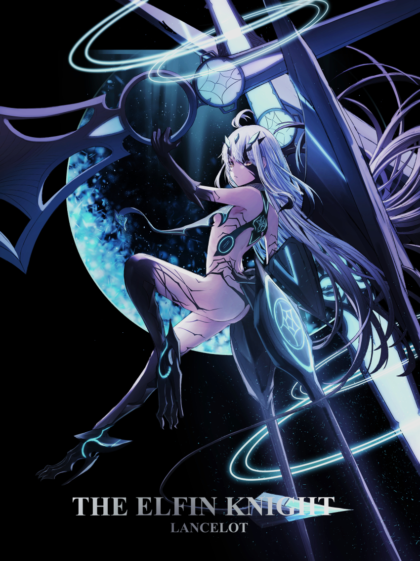 1girl absurdres ahoge arm_up body_markings character_name fate/grand_order fate_(series) from_side full_body highres long_hair looking_at_viewer looking_to_the_side melusine_(fate) melusine_(third_ascension)_(fate) parted_lips revealing_clothes solo very_long_hair white_hair yagi_(yagi5art) yellow_eyes
