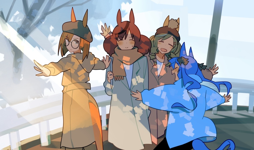 4girls ahoge animal_ears arm_up ashinowoto blue_hair blue_jacket blush brown_eyes brown_hair brown_jacket closed_eyes closed_mouth commentary_request cowboy_shot diarmuid_ua_duibhne_(fate) diarmuid_ua_duibhne_(lancer)_(fate) ears_through_headwear hair_ornament hairclip highres horse_ears horse_girl horse_tail ikuno_dictus_(umamusume) jacket long_hair long_sleeves matikane_tannhauser_(umamusume) multicolored_hair multiple_girls nice_nature_(umamusume) outdoors outstretched_arms smile spread_arms standing streaked_hair tail twin_turbo_(umamusume) twintails umamusume very_long_hair