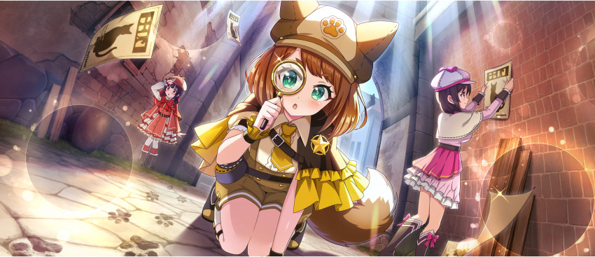 3girls :o all_fours alley animal_ear_headwear black_boots boots bow bowtie breasts brick_wall brown_hair building cape capelet child coat day deerstalker detective dress_shirt fake_animal_ears frilled_coat frills from_below game_cg green_eyes hair_over_shoulder hand_over_face hat highres holding holding_magnifying_glass komekko kono_subarashii_sekai_ni_shukufuku_wo! konosuba!_fantastic_days large_breasts light_blush light_rays long_hair looking_through_magnifying_glass magnifying_glass matching_outfits medium_hair miia_(konosuba) multiple_girls necktie official_alternate_costume official_art on_ground outdoors parted_lips pink_coat pink_hat poster_(object) pouch red_bow red_bowtie red_cape red_eyes red_hat shirt short_hair short_necktie short_sleeves short_twintails shorts sidelocks standing stone_floor sunbeam sunlight suspender_shorts suspenders swept_bangs tail twintails white_capelet white_shirt yellow_hat yellow_necktie yellow_shorts yunyun_(konosuba)
