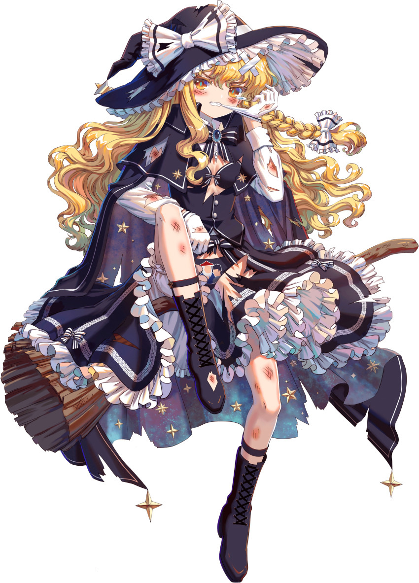 1girl absurdres adapted_costume biting biting_glove black_boots black_bra black_cape black_hat black_panties black_ribbon black_skirt black_vest blonde_hair bloomers blue_gemstone boots bow bra braid broom broom_riding buttons cape collared_shirt crossed_bandaids frilled_bow frilled_skirt frills full_body game_cg gem gloves hail_the_judge hat highres injury kirisame_marisa kumio long_sleeves non-web_source panties ribbon shin_strap shirt side_braid skirt smile space_print star_(symbol) starry_sky_print tachi-e teardrop torn_boots torn_bow torn_cape torn_clothes torn_footwear torn_hat torn_shirt torn_skirt torn_vest touhou touhou_blooming_chaos transparent_background underwear vest white_background white_bloomers white_bow white_gloves white_shirt witch_hat yellow_eyes
