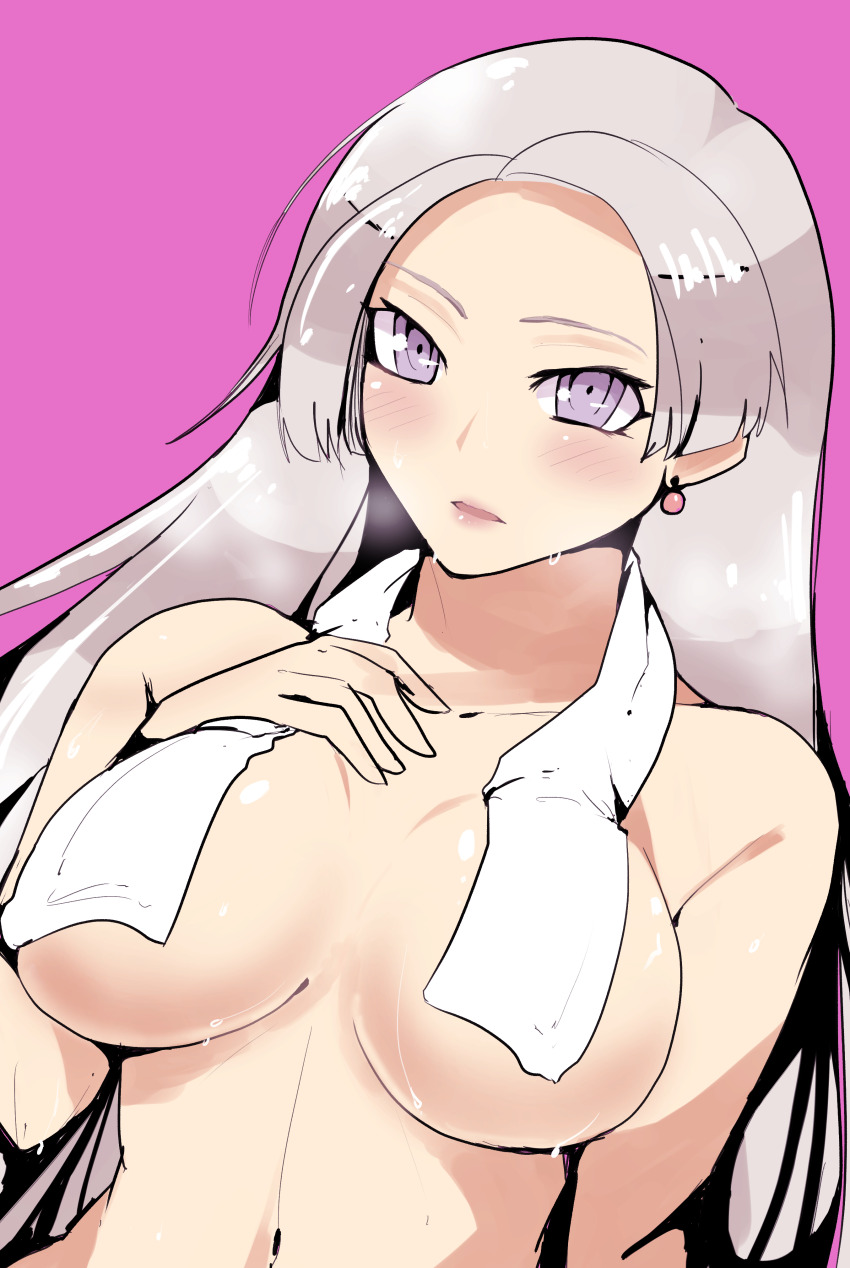 1girl absurdres artist_request breasts chris_lightfellow earrings gensou_suikoden gensou_suikoden_iii highres jewelry large_breasts long_hair looking_at_viewer open_mouth purple_background purple_eyes simple_background solo towel wet white_hair
